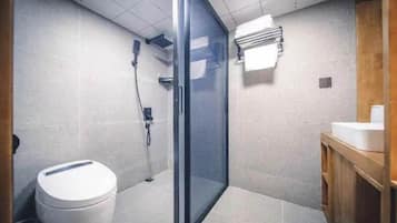 Shower, hydromassage showerhead, designer toiletries, hair dryer