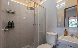 Hair dryer, towels, soap, toilet paper
