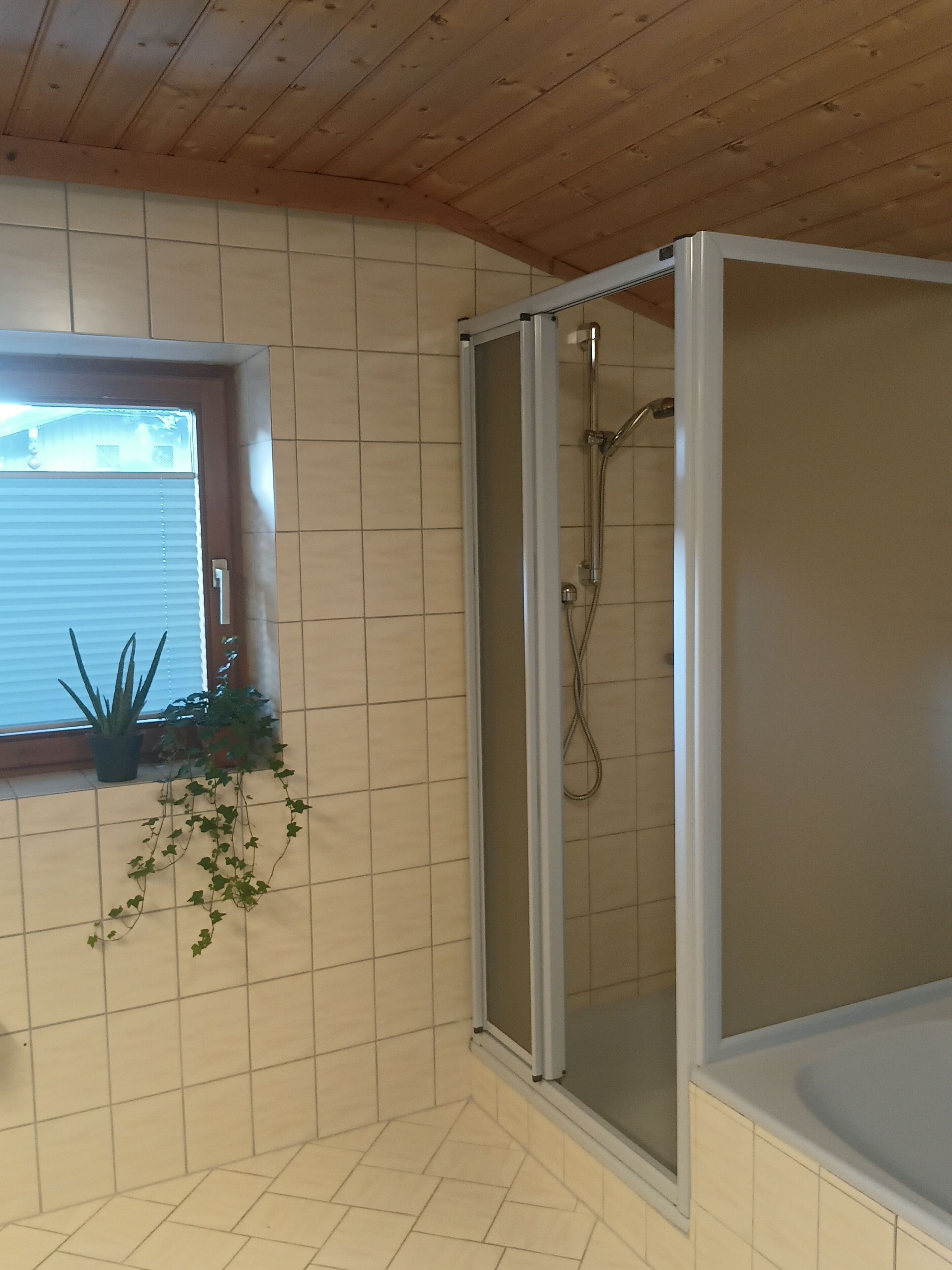 Ein Badezimmer mit Duschkabine, gefliesten Wänden, einem Fenster mit Pflanzen und einer Badewanne.