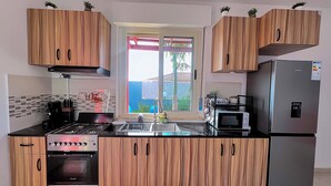 A modern kitchen with wooden cabinets, a stainless steel refrigerator, an oven, and a microwave. - Cité Italia - Quiet & elegant villa with garden/terrace - near the beaches (Modest)