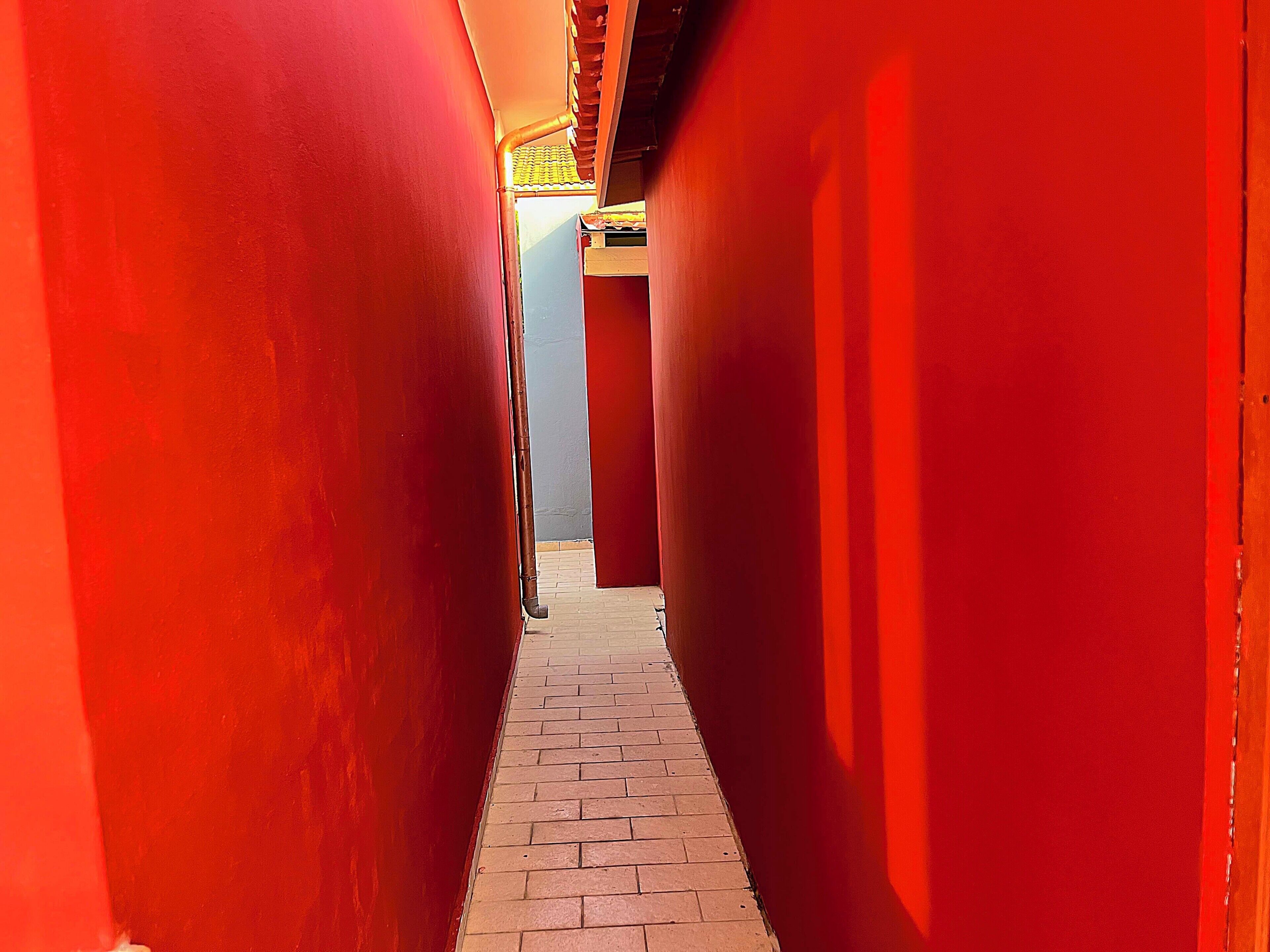 Un couloir étroit aux murs rouges et au sol en briques, qui mène à une porte au fond.