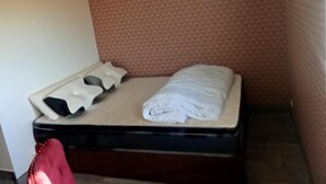 A small, single-bed room with a mattress, pillows, and a blanket. - Under the stars in the countryside (Paray-le-Frésil)