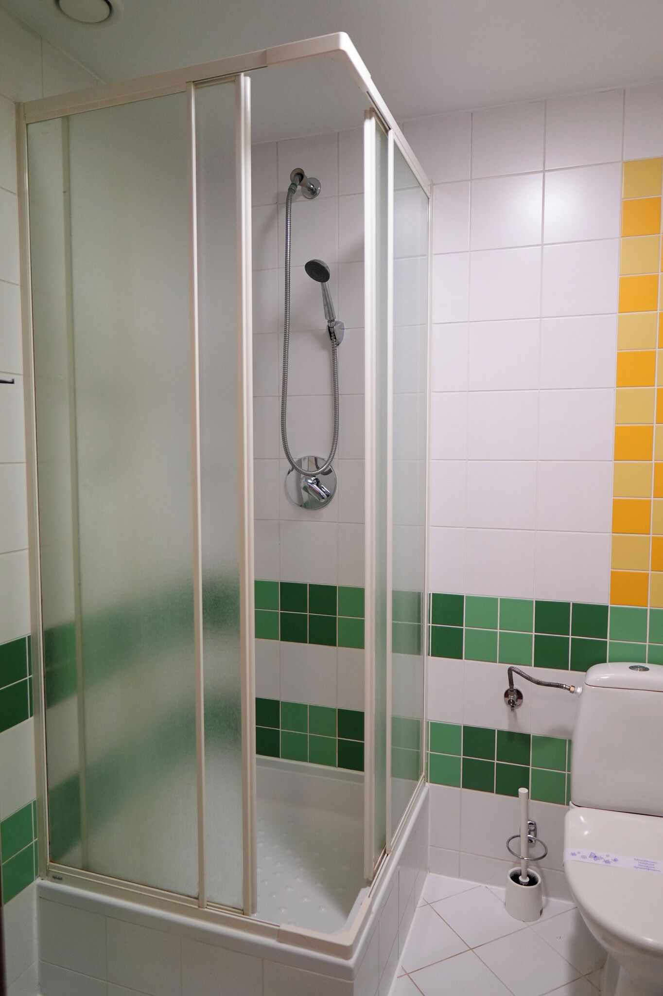 Compartimento de chuveiro com porta de vidro, chuveiro manual e vaso sanitário com função bidê.