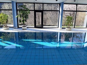 A swimming pool with tiled flooring, large windows, and potted plants. - Mozartschwänchen, 60 square meters (Bad Reichenhall)