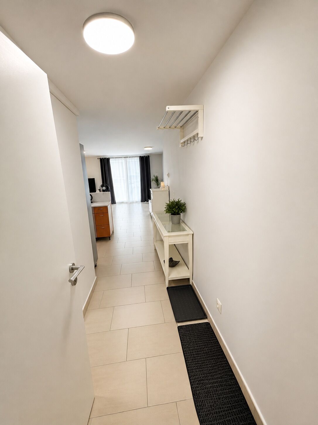 Un pasillo con una puerta blanca, una consola blanca con una planta, y un felpudo negro que conduce a una habitación.