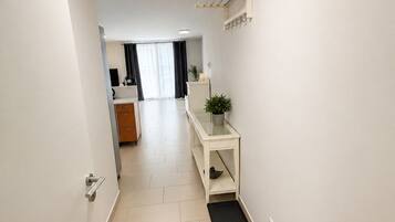 Un pasillo con una puerta blanca, una consola blanca con una planta, y un felpudo negro que conduce a una habitación.