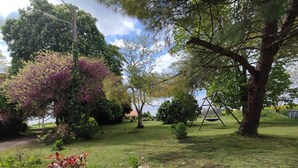 Un espace extérieur verdoyant, avec des arbres, une balançoire et un petit jardin agrémenté de fleurs rouges.