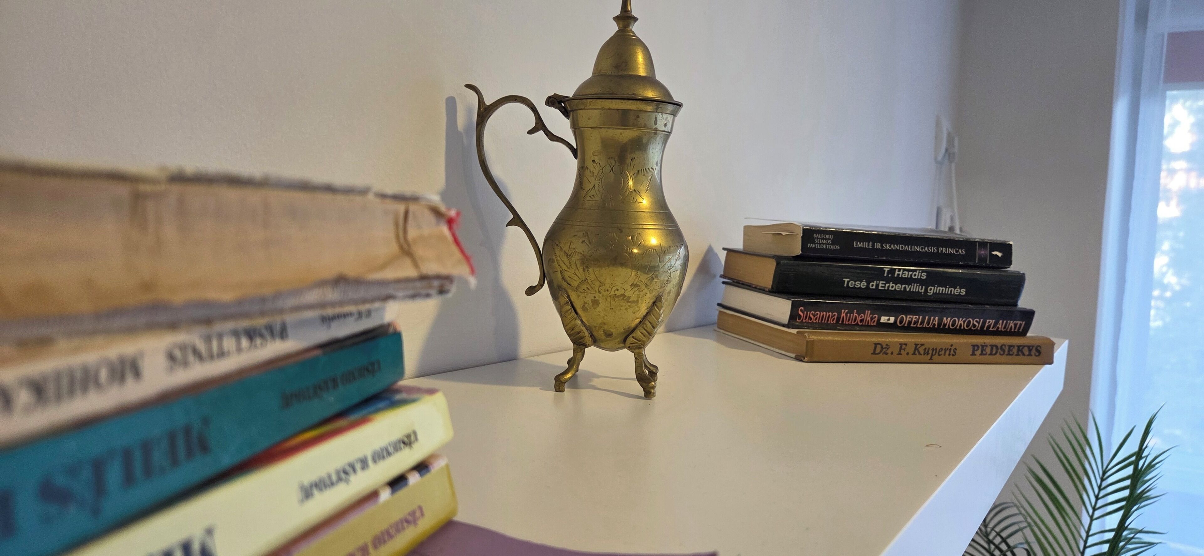 Een plank met boeken en een decoratief koperen object.