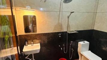 Douche, serviettes fournies, savon, papier toilette