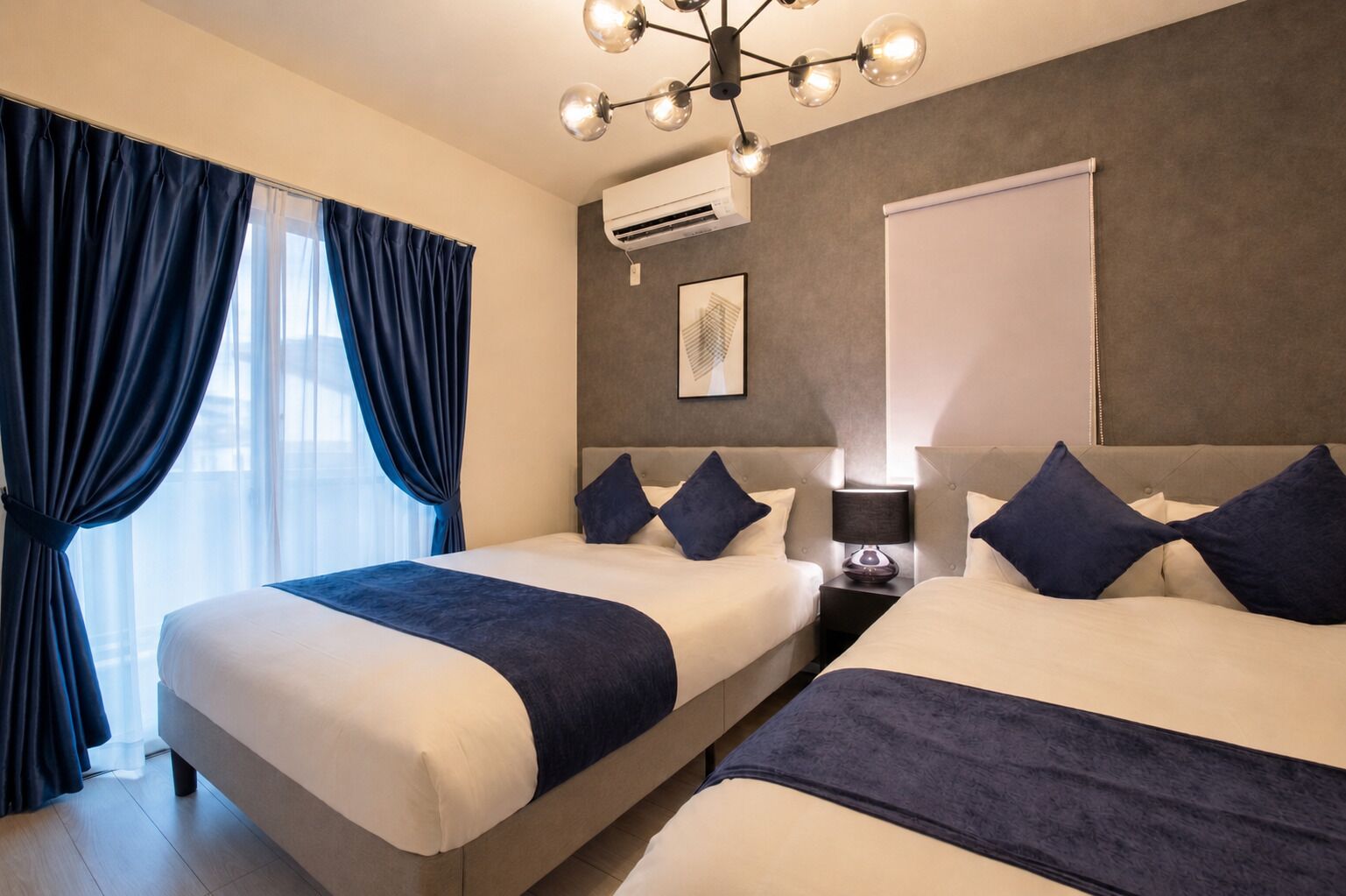 Premium bedding, blackout curtains, iron/ironing board