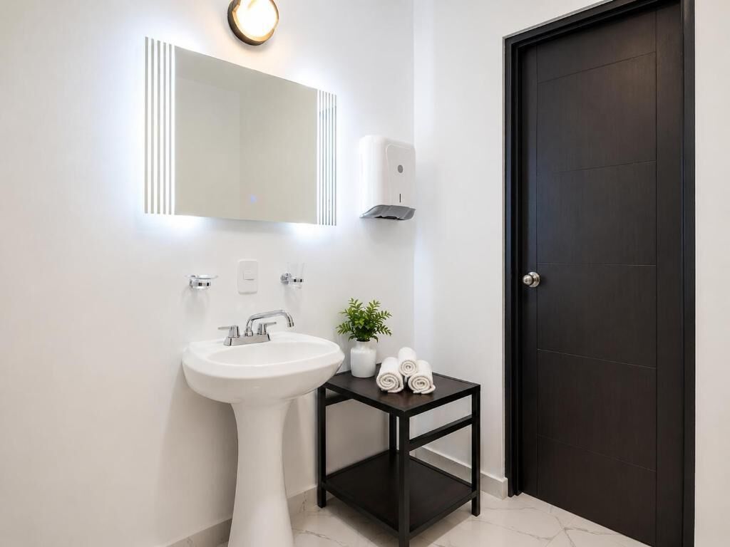 Une salle de bain avec un lavabo blanc, un miroir et un porte-serviettes.