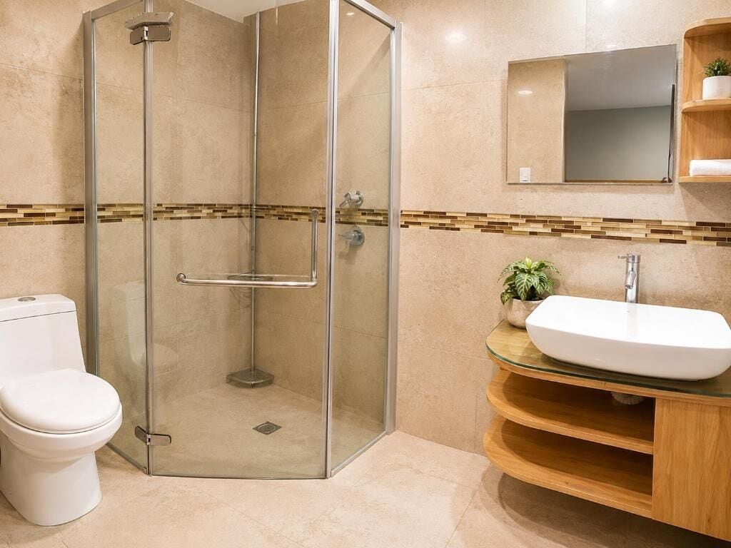 Un bagno moderno con cabina doccia in vetro, un water bianco e un lavandino con uno specchio sopra.