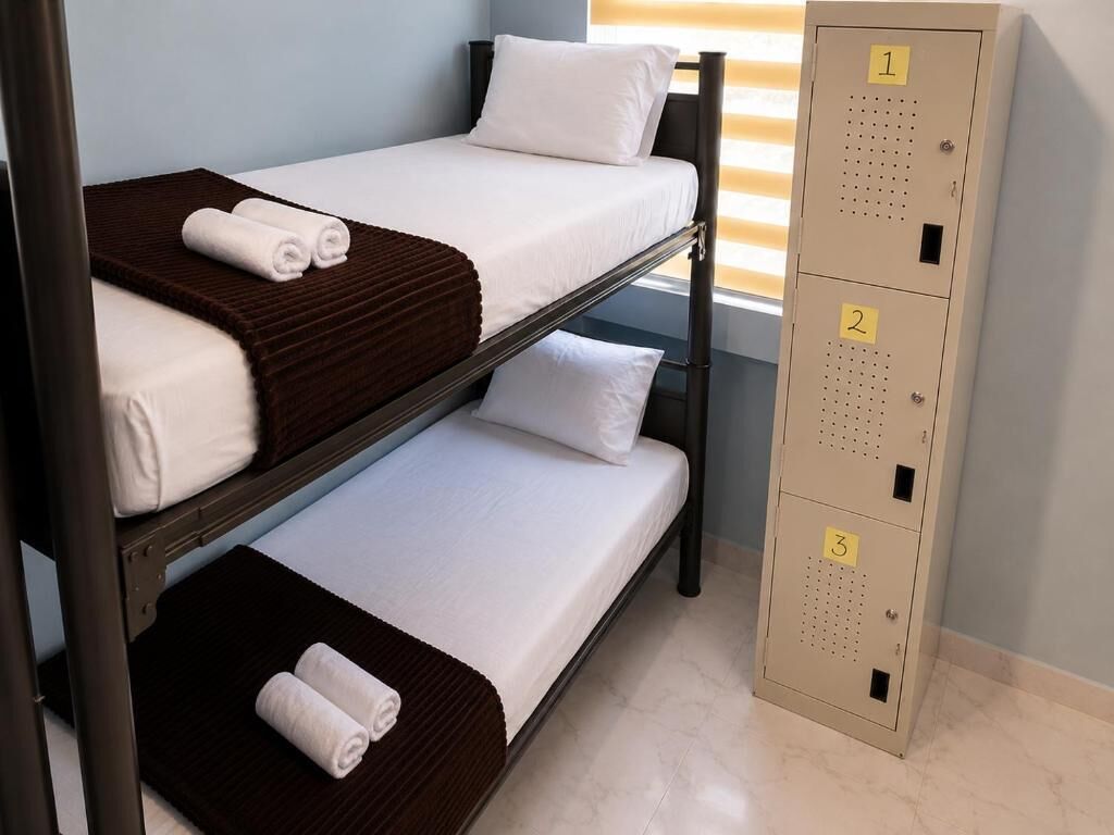 Una cama litera con ropa de cama blanca y cabeceros marrones, un armario metálico alto con compartimentos numerados, y una ventana con persianas.