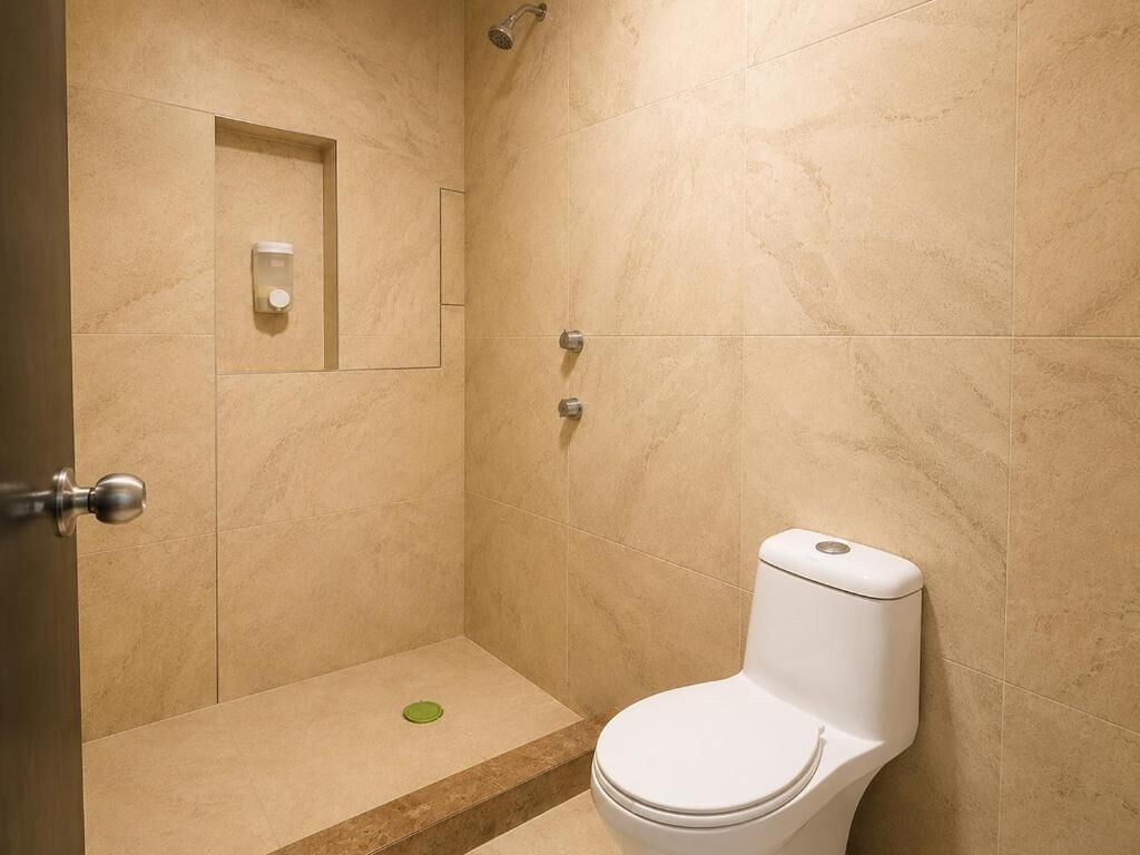 Un baño con inodoro, ducha y secador de manos.