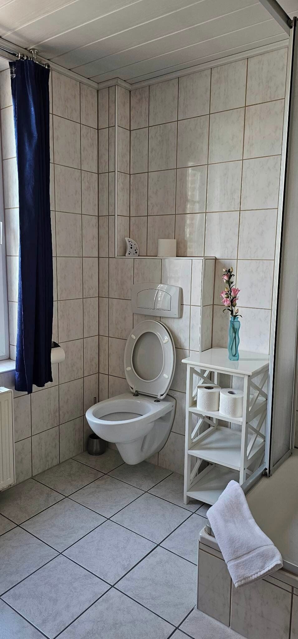 A bathroom with a toilet, a shelf with toiletries, and a towel on a stand.
