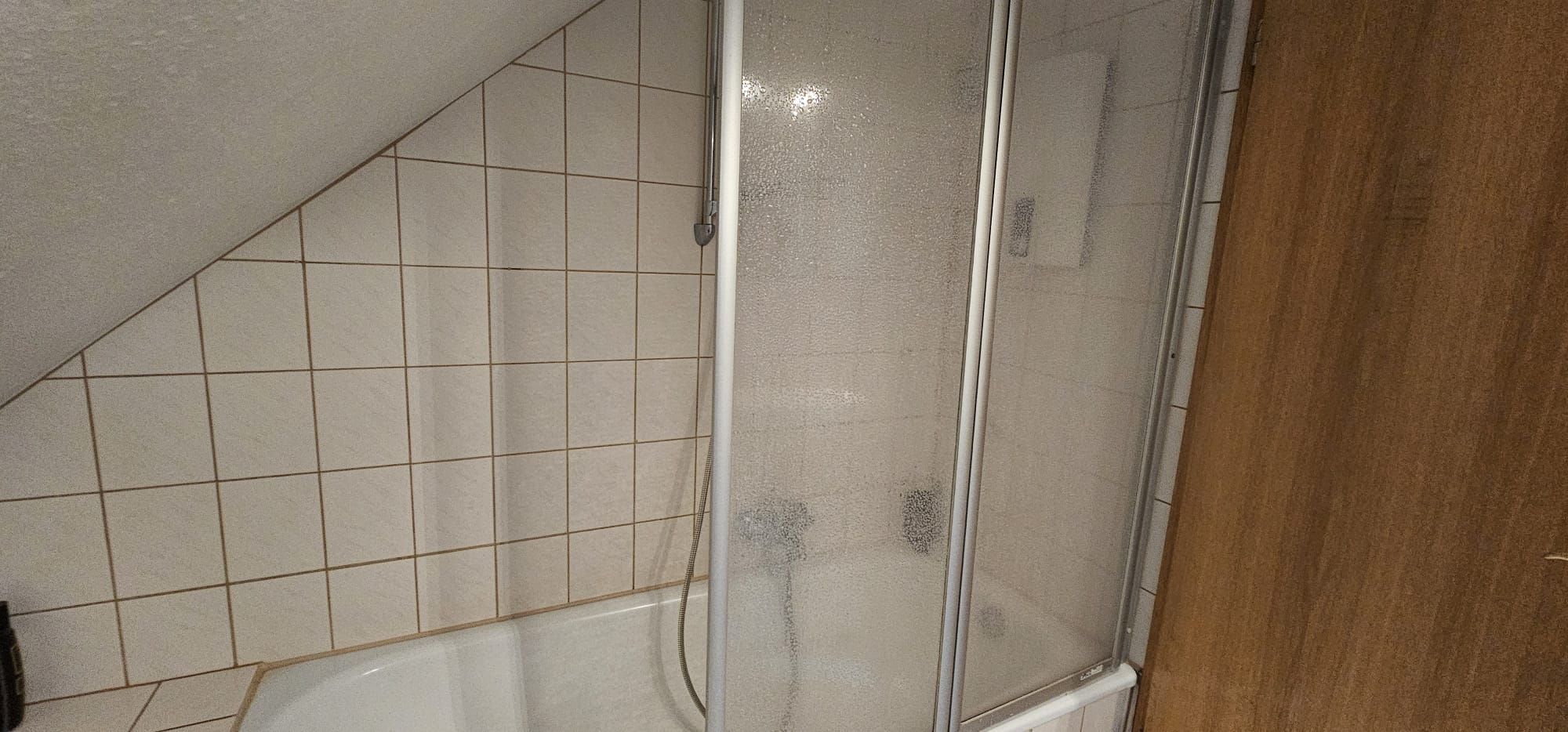 Un baño con pared de azulejos, cabina de ducha y puerta de madera.