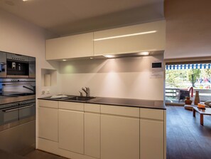 Une cuisine moderne dotée d’appareils électroménagers intégrés, d’un grand îlot central et offrant une vue sur l’extérieur.