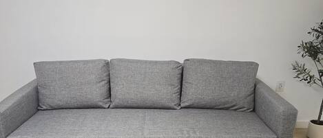 A grey sofa with three cushions against a plain wall, a white rug, and a potted plant to the right.