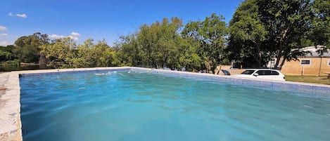 Una piscina con agua azul cristalina, rodeada de árboles y un coche blanco aparcado cerca.