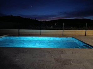 Ein rechteckiger Pool mit einer gefliesten Sonnenterrasse, umgeben von einem Metallzaun, und ein Nachthimmel mit Mond.