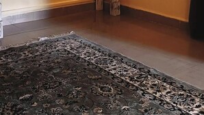 Une pièce avec un grand miroir, un tableau et un tapis à motifs.