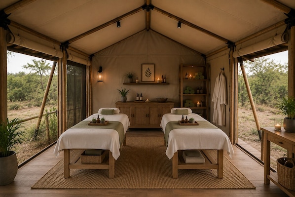 A tented room with two beds, a wooden cabinet, a shelf with bottles, and a view of the outdoors.