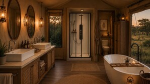Un baño espacioso con una bañera grande, dos lavamanos, ducha y retrete. Cuenta con espejos, un tocador de madera y vistas al exterior.