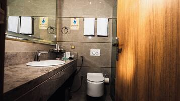 Hair dryer, slippers, towels, soap