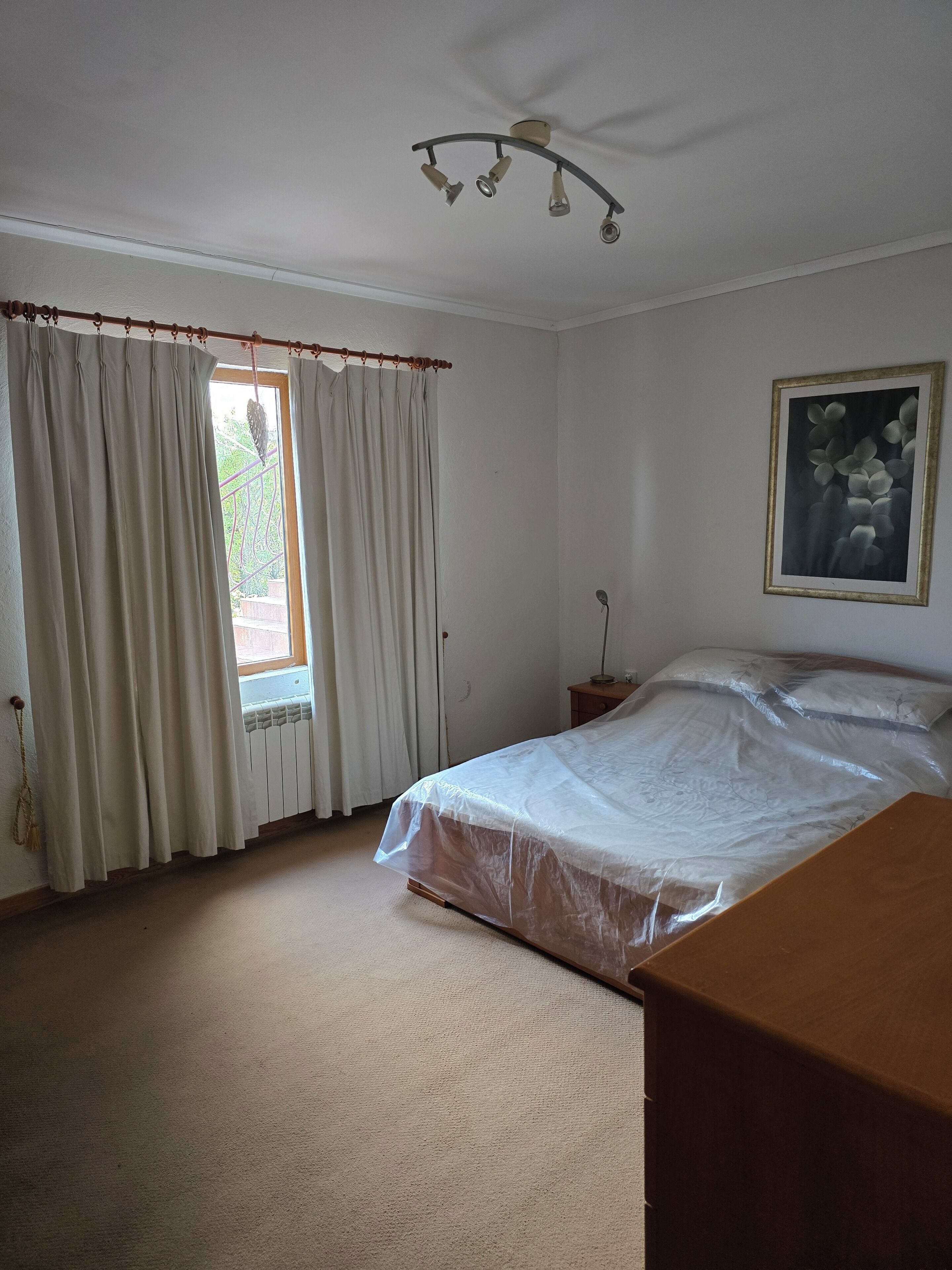 A bedroom with a bed, a window with curtains, a ceiling fan, and a framed picture on the wall.