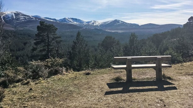 En træbænk på en klar dag med udsigt over et bjergrigt landskab med sneklædte tinder.