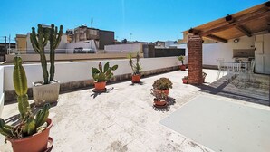 Terraço no telhado com cactos em vasos e área de pátio com mesa e cadeiras.