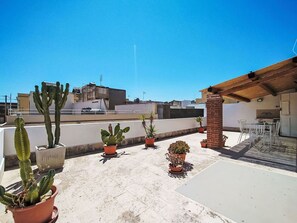 Eine Dachterrasse mit Kakteen in Töpfen und eine Terrassenfläche mit Tisch und Stühlen.