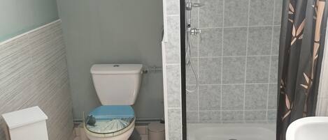 A bathroom with a toilet, shower, and sink.