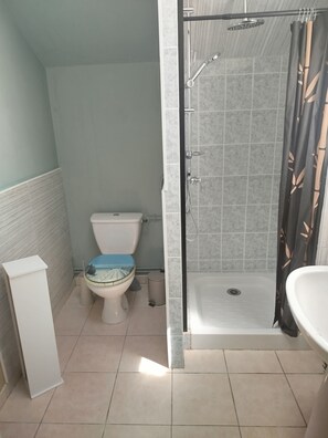 Dusche, Haartrockner, Handtücher, Toilettenpapier