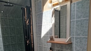 A bathroom with a shower, a sink, and a mirror. - L'Erable du Perche (Tourouvre au Perche)