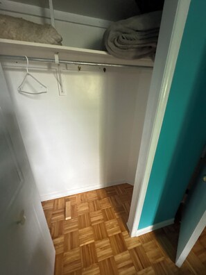 A closet with a wooden floor, a white door, and a teal wall. - Bienvenu Chez toi! (Gatineau)