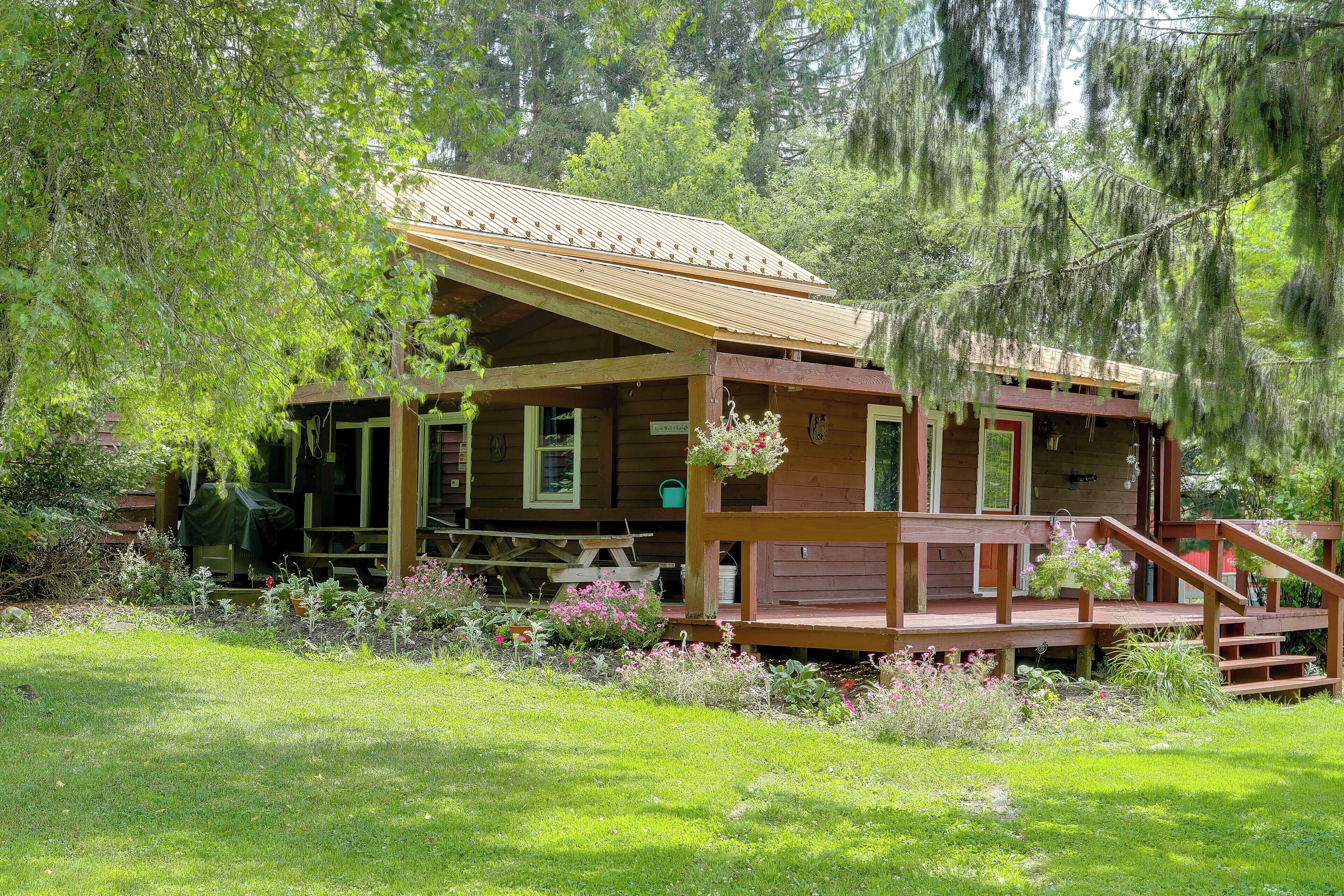 A wooden cabin with a porch, surrounded by lush greenery and flowering plants.
