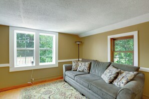 A room with a sofa, two windows, a patterned rug, and a ceiling light.
