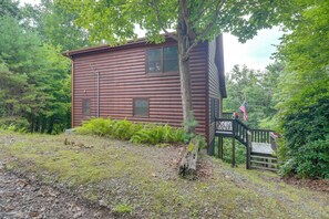 A wooden cabin with a porch and a flag, surrounded by trees and greenery. - Blue Ridge Bliss: Peaceful Retreat w/ Deck (Blue Ridge)