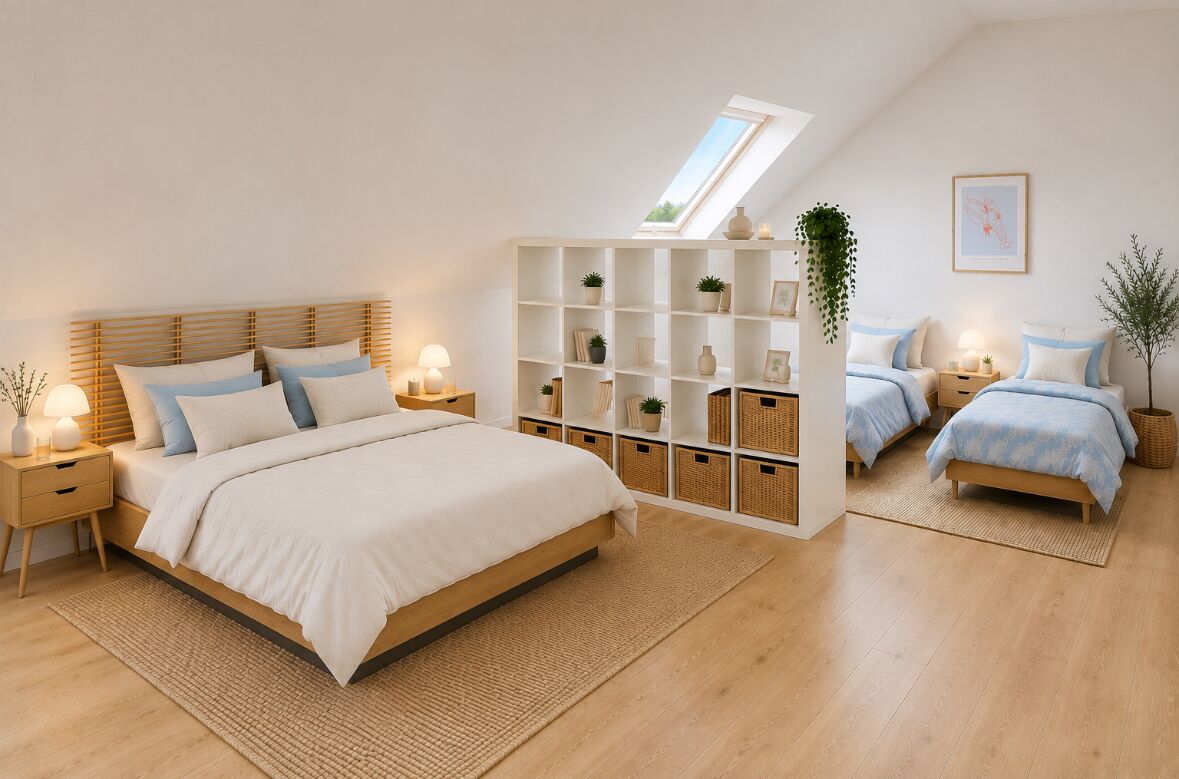 Ein Schlafzimmer mit einem großen Bett, zwei Nachttischen, einer integrierten Regallösung und einem Oberlicht.