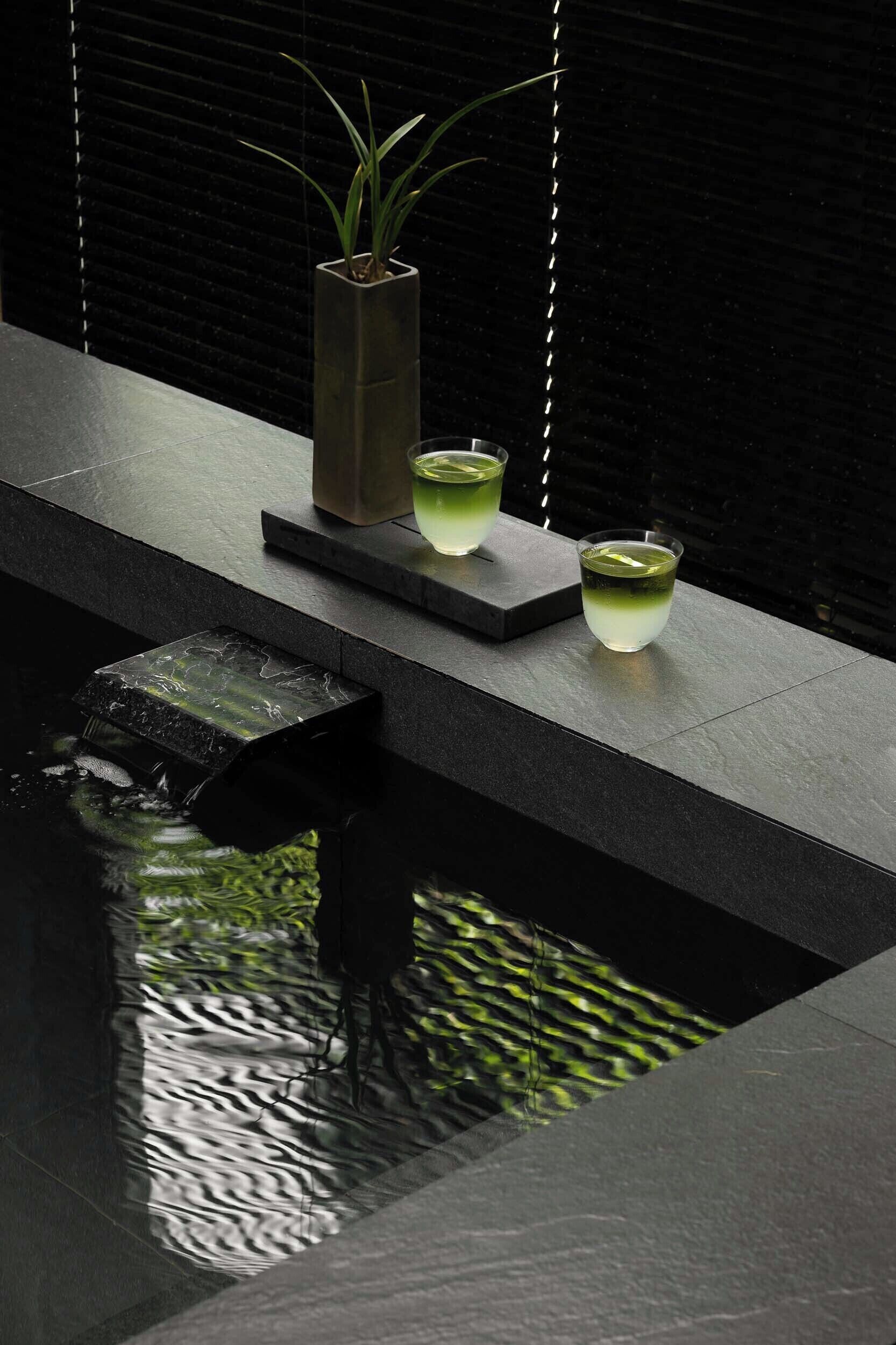 A modern interior with a reflective water feature, a potted plant, and two glasses of a greenish liquid on a dark countertop.