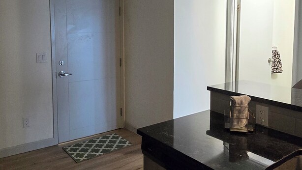 A kitchen with a black countertop, a sink, and a window with a towel. - Penthouse in the Sky (Waterloo)