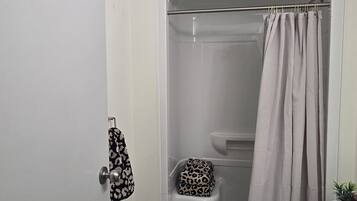 Shower, towels, soap, toilet paper