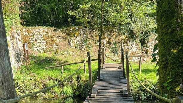 A wooden bridge with railings, surrounded by greenery and a stone wall.