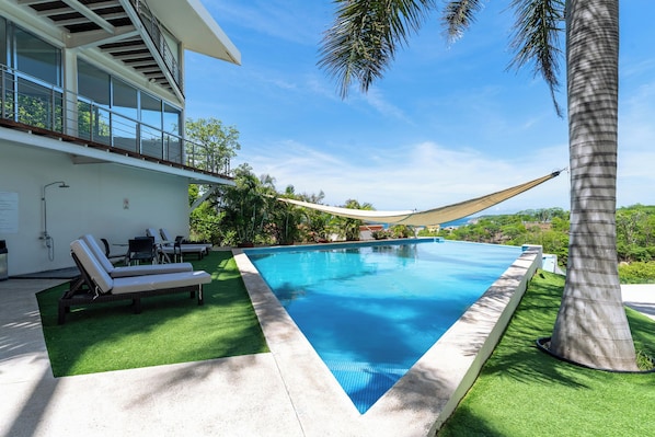 A modern pool area with a clear blue pool, lounge chairs, and a palm tree.