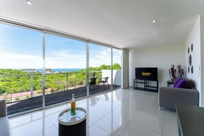 A modern living room with a large balcony, a flat-screen TV, and a bottle on a table.