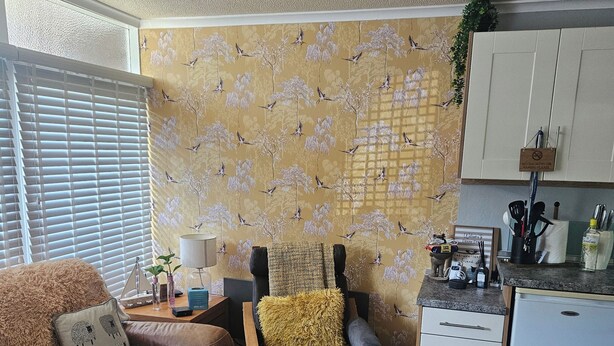 A living room with a sofa, a chair with a fluffy pillow, a small ottoman, a kitchen area with cabinets and a refrigerator, and a wall with a bird pattern. - Cabin Sleeps 4 With Indoor Pool (Tywyn)