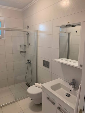 Hårtork, handdukar, tvål och toalettpapper