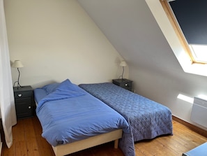 Een slaapkamer met schuine wand, twee bedden met blauw beddengoed, nachtkastjes met lampen en een dakraam.
