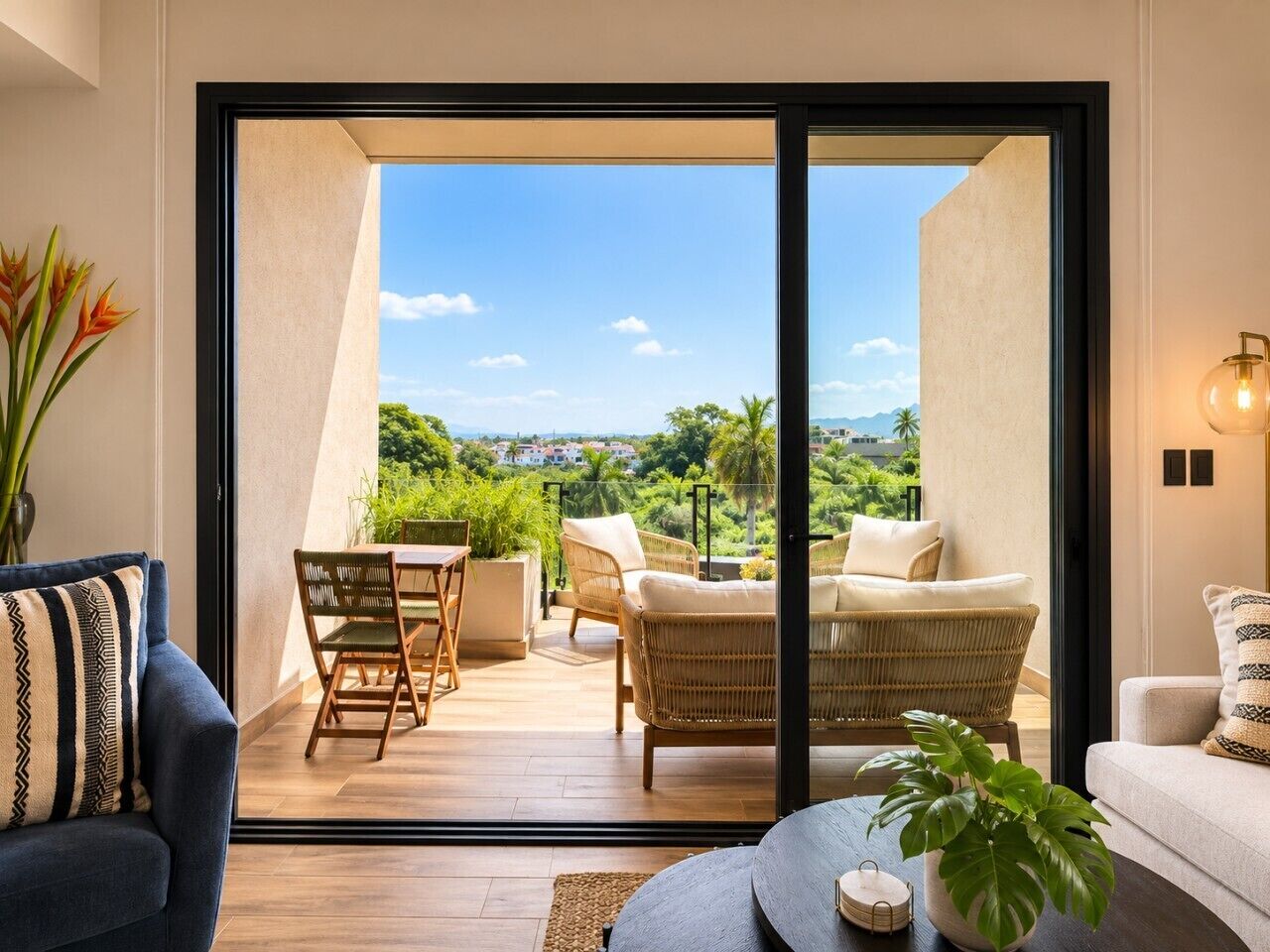 Un intérieur moderne avec une porte-fenêtre coulissante donnant sur un patio extérieur.